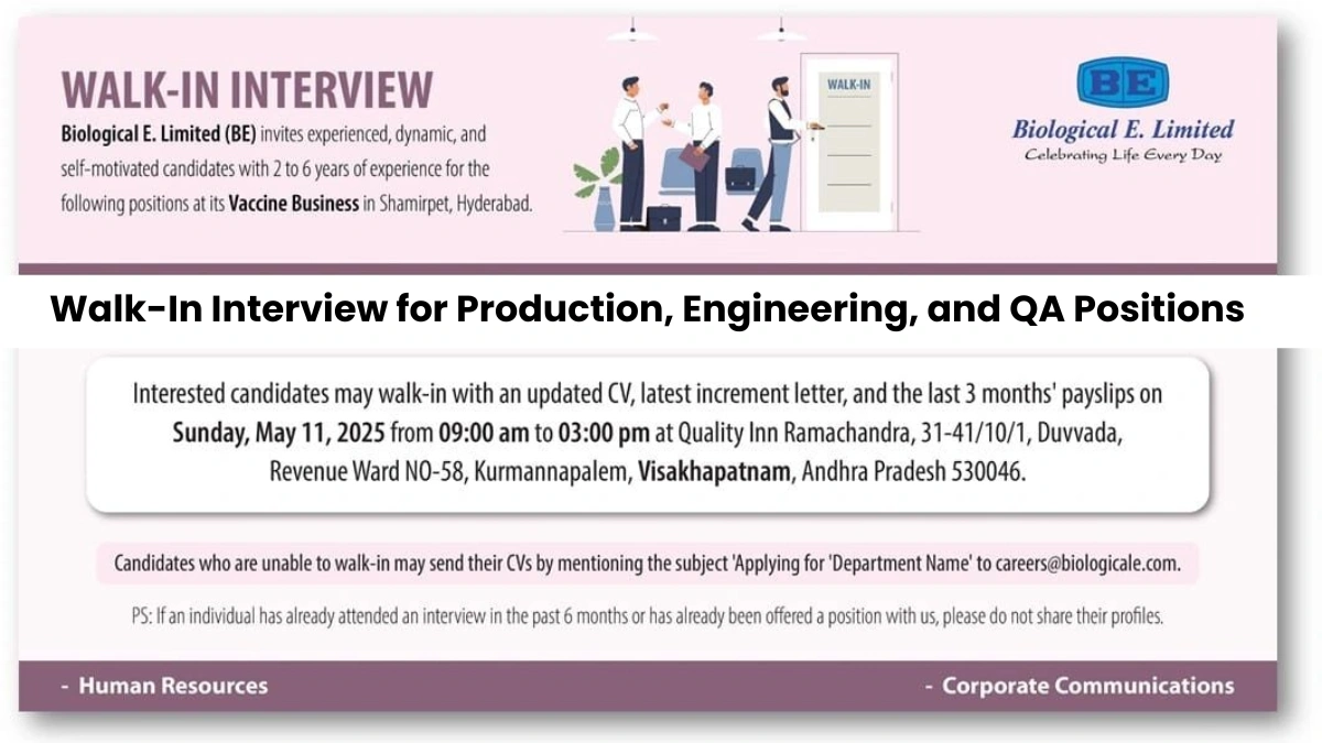 Biological E. Limited Walk-In Interview for Production, Engineering, and QA Positions