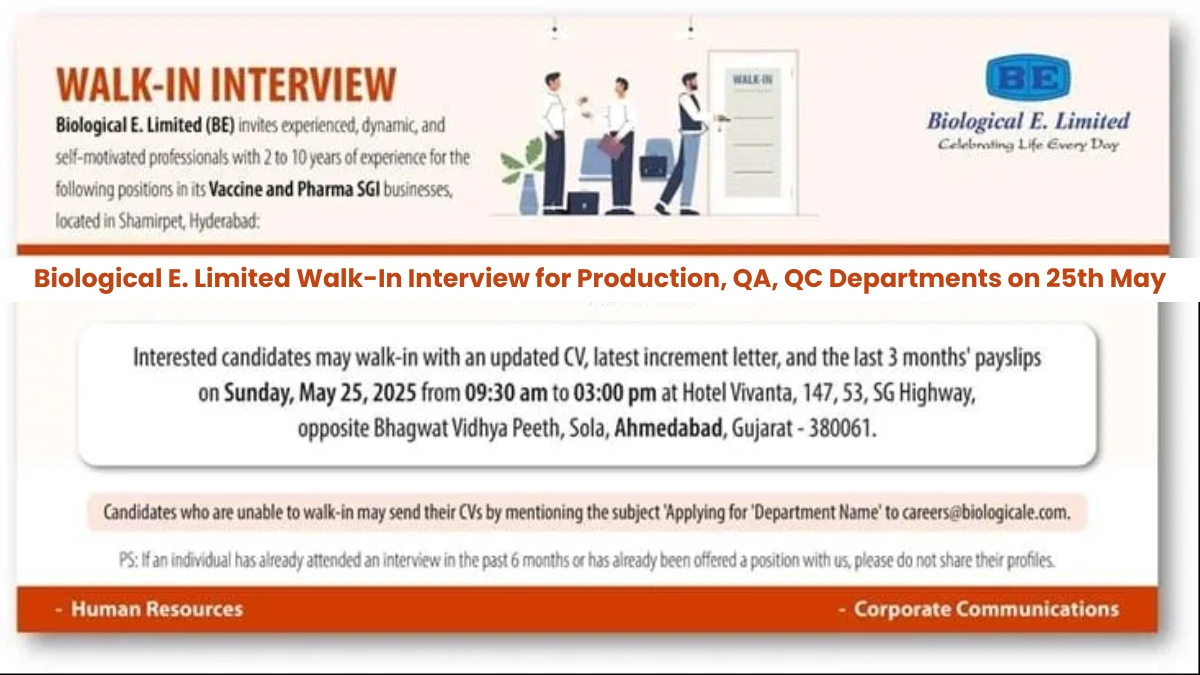 Biological E. Limited Walk-In Interview for Production, QA, QC Departments