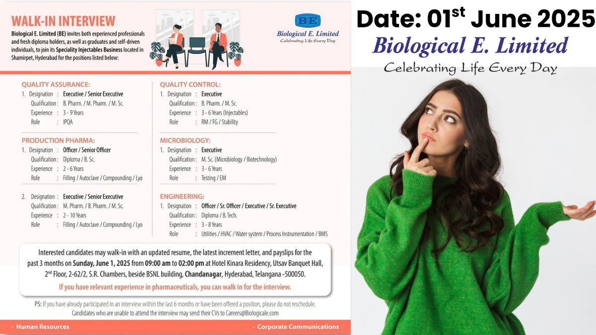 Biological E. Limited Walk-In Interviews for Production, QA, QC, Engineering & Microbiology Roles