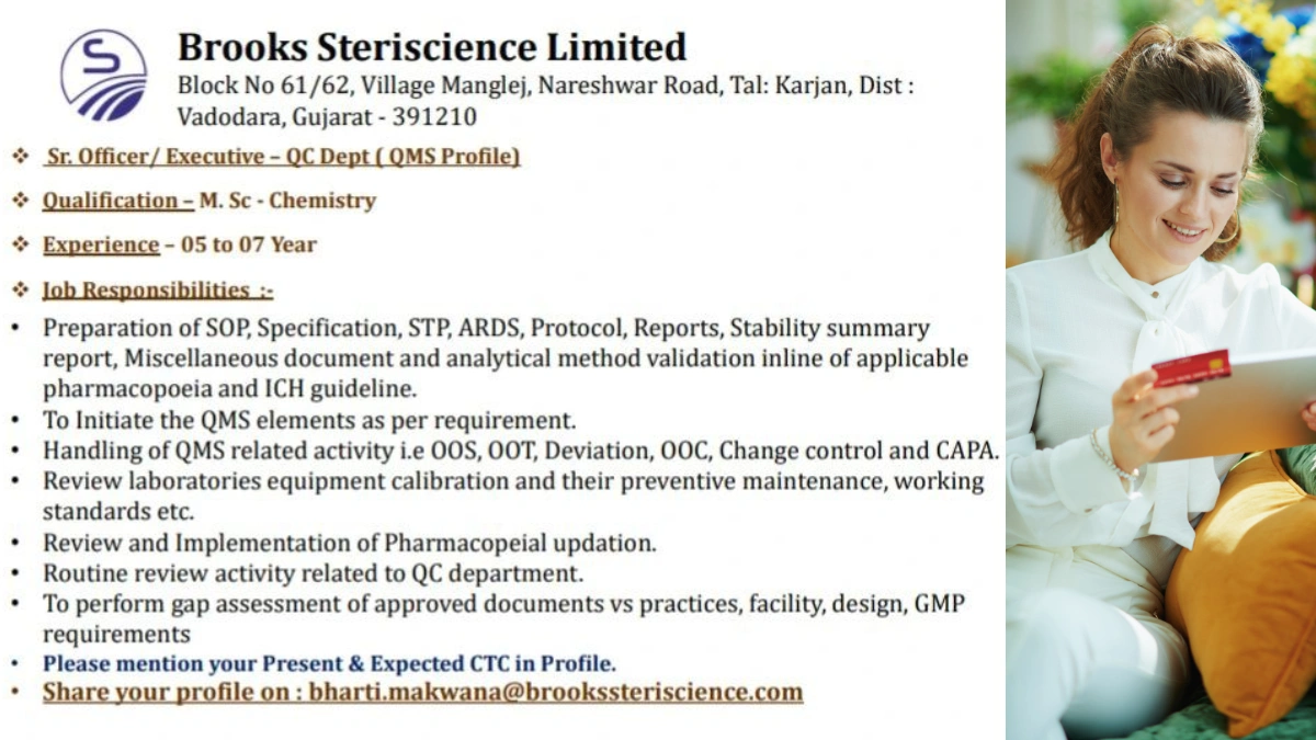 Brooks Steriscience - Job Openings Sr. Officer, Executive - Quality Control (QMS Profile) in Vadodara