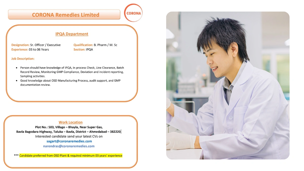 CORONA Remedies Limited Hiring for Sr. Officer & Executive in IPQA Department, Ahmedabad