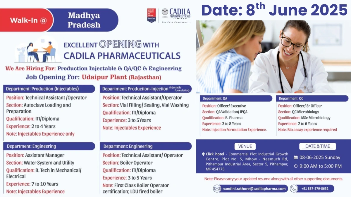 Cadila Pharmaceuticals Walk-In Interview for Injectable Roles