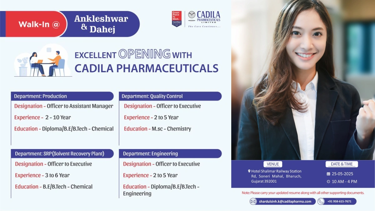 Cadila Pharmaceuticals Walk-In Interviews for Production, QC, Engineering & SRP Departments
