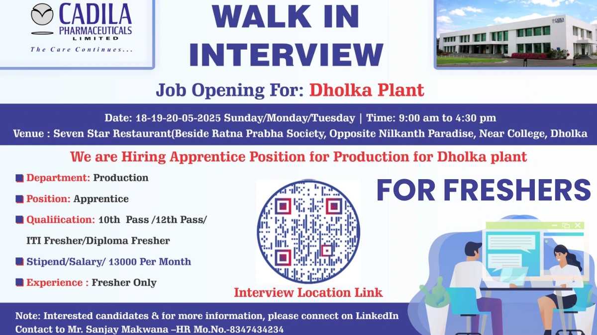 Cadila Pharmaceuticals Walk-in Interview for Apprentice in Production (Freshers)
