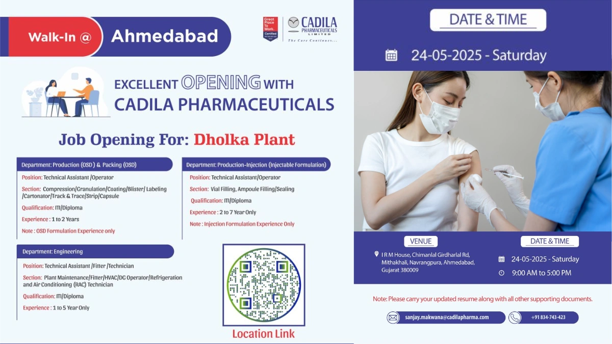 Cadila Pharmaceuticals Walk-in Interview for Production (OSD) & Packing (OSD)