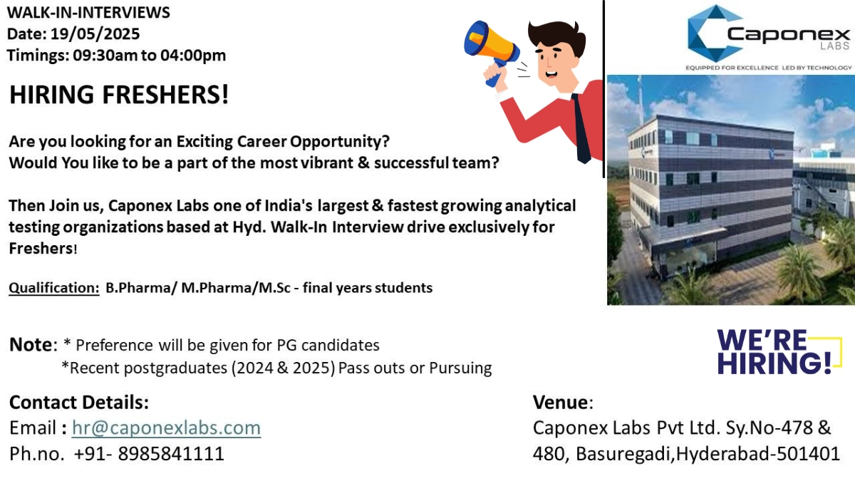 Caponex Labs Walk-in Interview for Freshers in QA & QC Departments