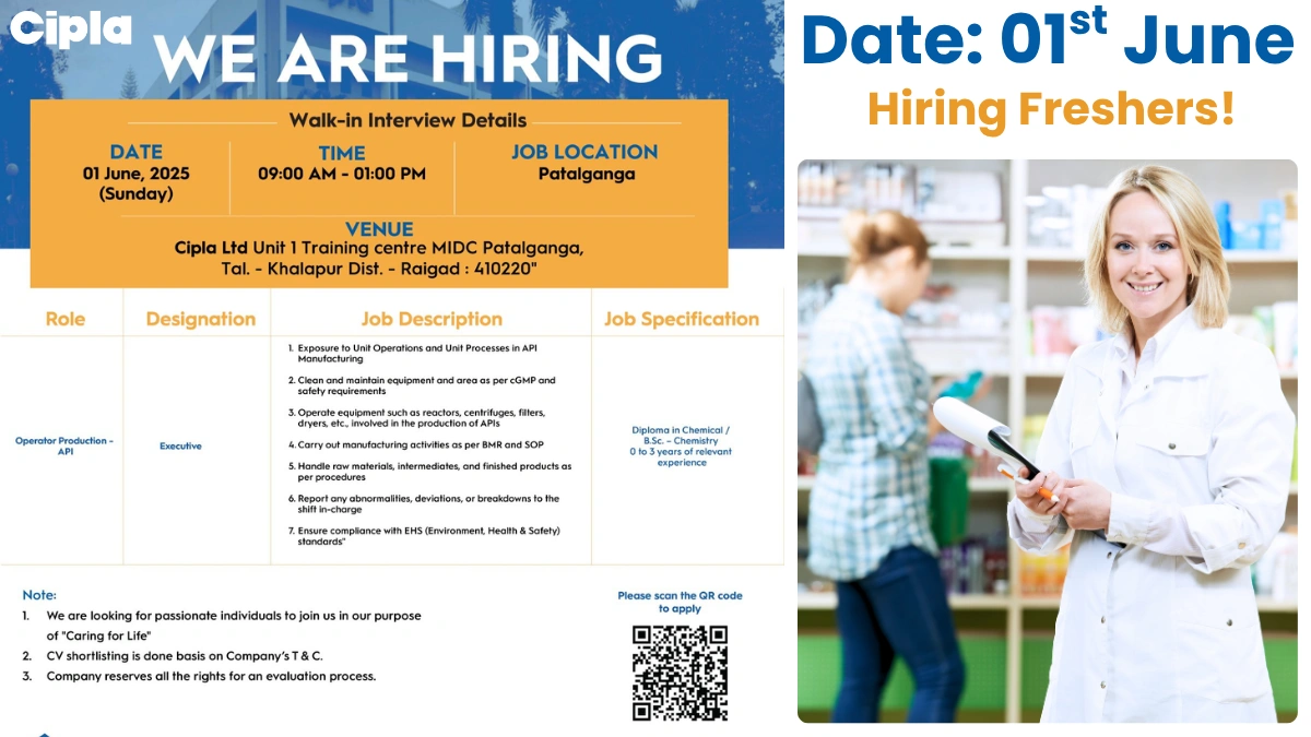 Cipla Ltd Walk-In Interview for Freshers in Production Roles