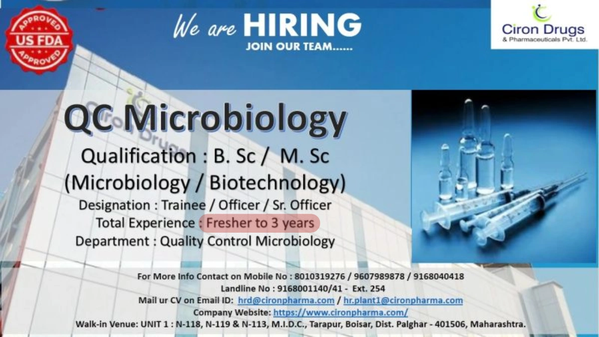 Ciron Drugs & Pharmaceuticals Pvt. Ltd. Walk-In Interview for QC Microbiology Trainee