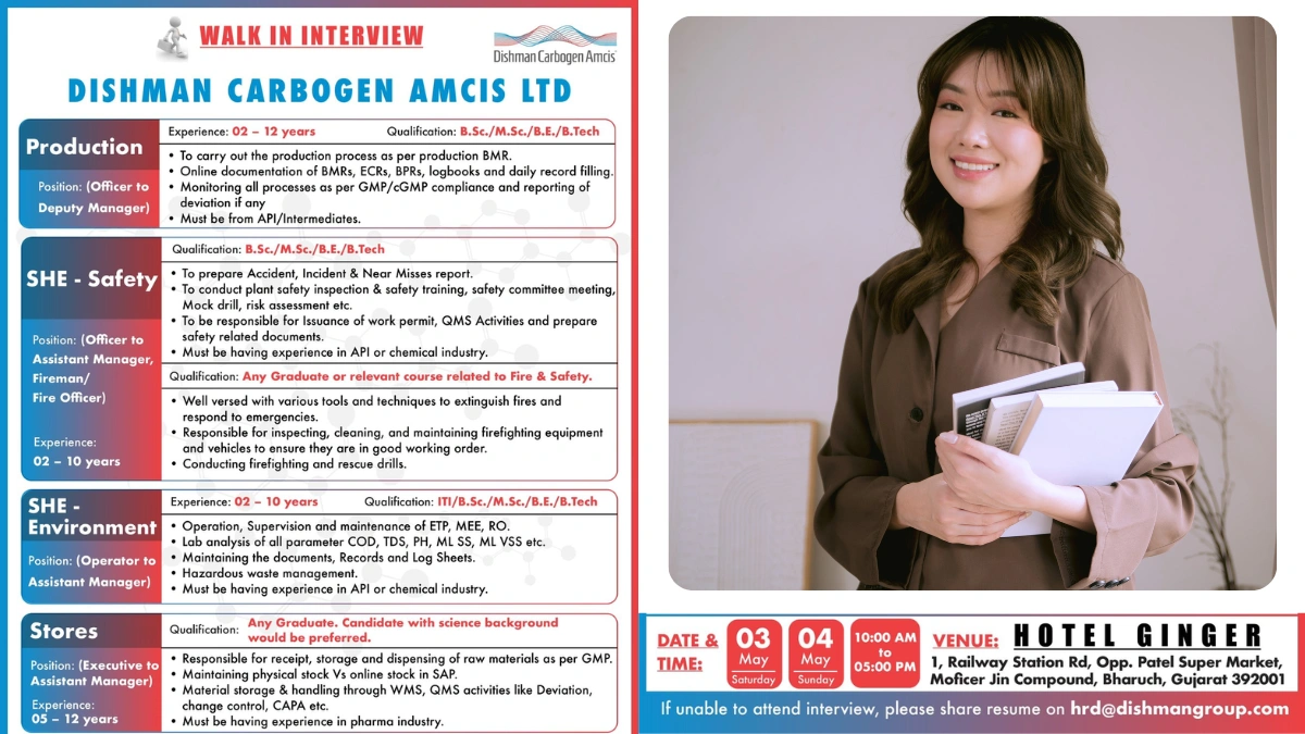 Dishman Carbogen Amcis Walk-In Interview for Quality Control, Engineering, Production & Safety