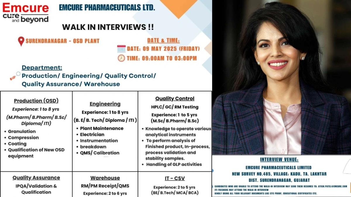 Emcure Pharmaceuticals Ltd Walk-In Interview for Production, Engineering, QA, QC, Warehouse, and IT-CSV Roles