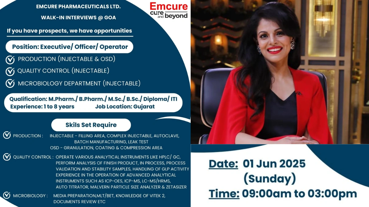 Emcure Pharmaceuticals Walk-In Interview for Pharmaceutical Jobs in Production, QC and Microbiology Department (Injectable)