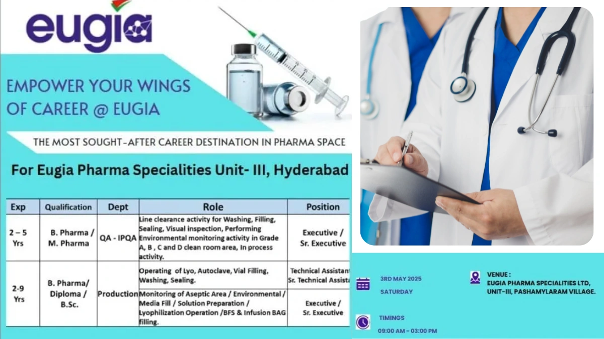 Eugia Pharma Specialities Ltd Walk-In Interview for Productions & Quality Assurance