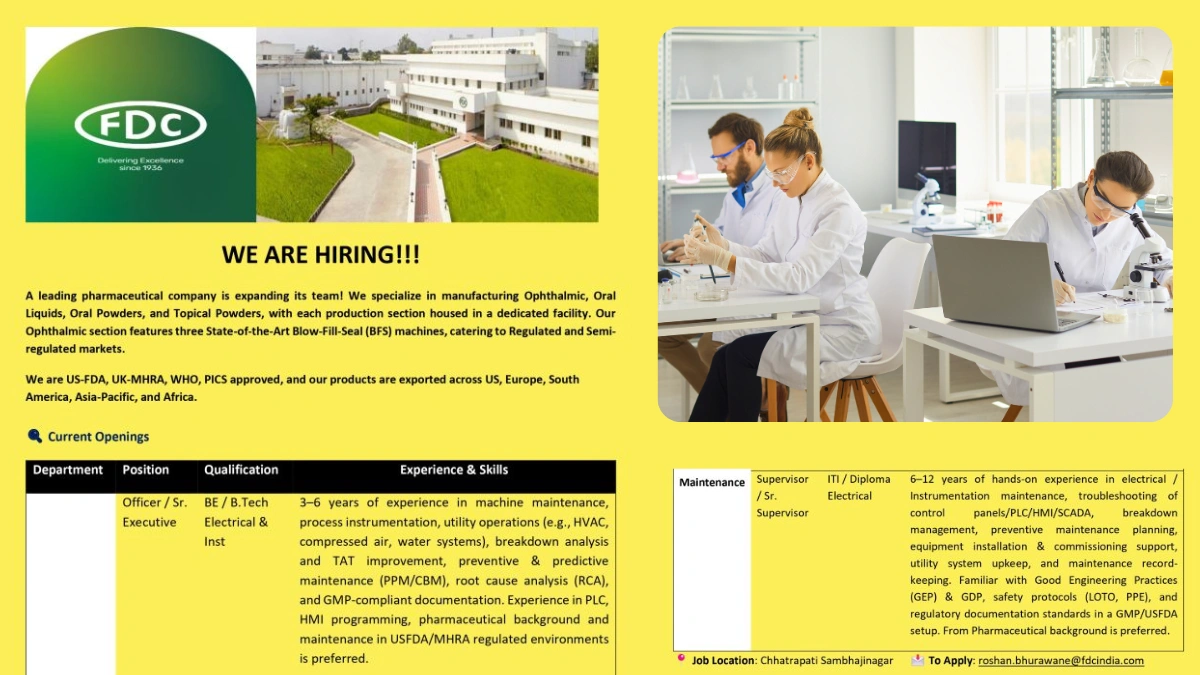 FDC Is Hiring for Officer & Senior Executive in Pharmaceutical Manufacturing