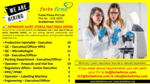 Farbe Firma Pvt. Ltd. Job Posting for Sterile Injectable Roles