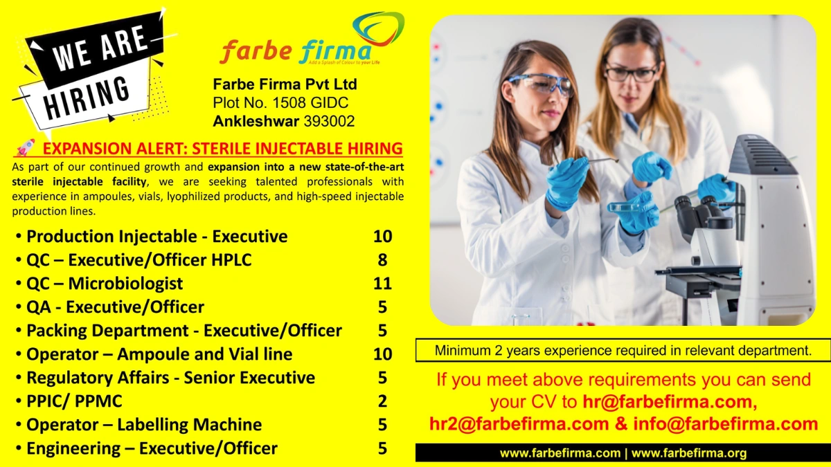 Farbe Firma Pvt. Ltd. Job Posting for Sterile Injectable Roles