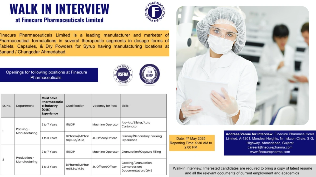 Finecure Pharmaceuticals Limited Walk-In Interview for Packing & Production - Manufacturing