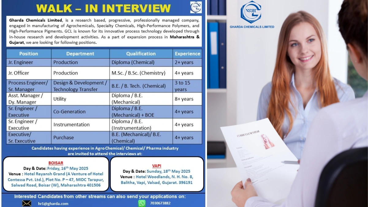 Gharda Chemicals Limited Walk-In Interview for Production, Design, Utility, Co-Generation, Instrumentation, and Purchase Roles