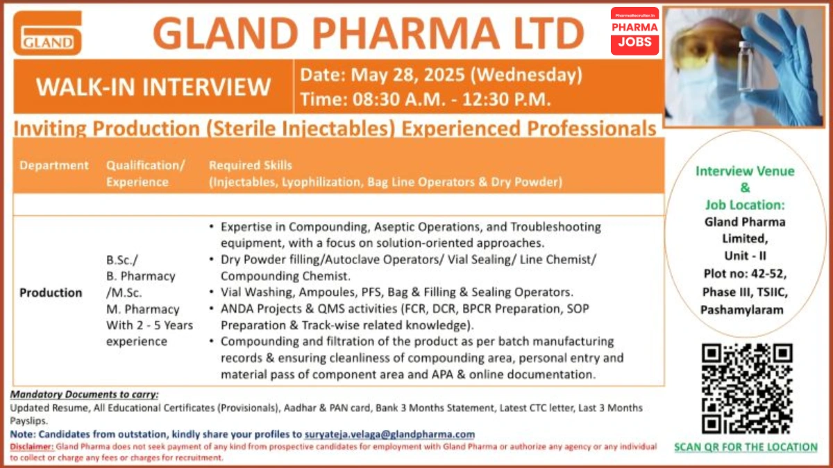 Gland Pharma Ltd Walk-In Interview for Production (Sterile Injectables) Professionals
