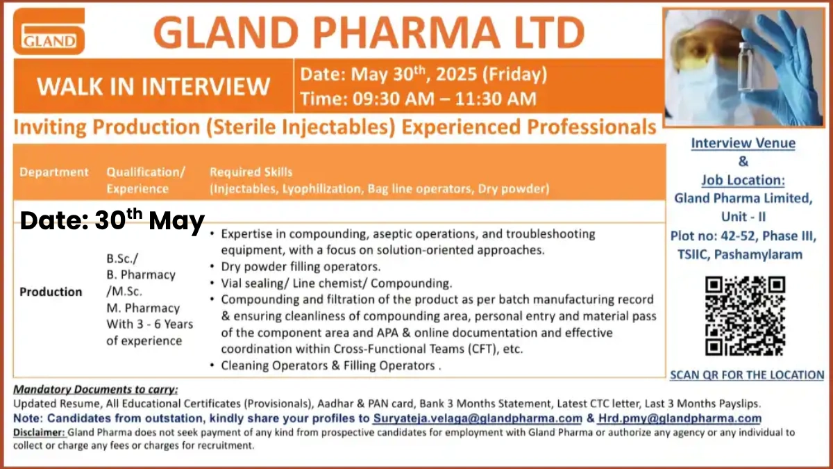 Gland Pharma Walk-In Interview for Production (Sterile Injectables) Roles