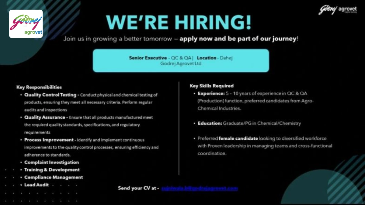 Godrej Agrovet Hiring Senior Executive for Quality Control & Quality Assurance