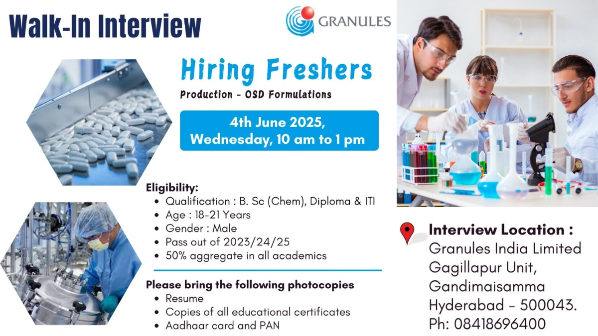 Granules India Limited Walk-In Interviews for Freshers for Production OSD Formulations