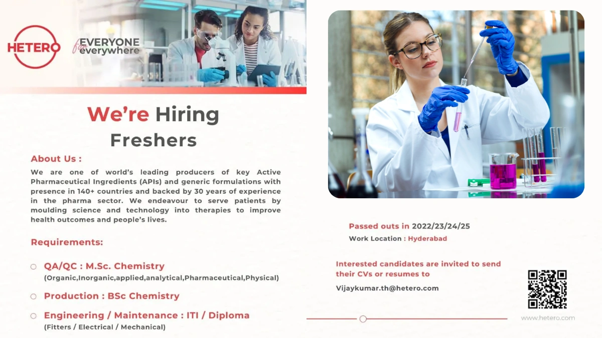 Hetero Labs - Multiple Job Openings for Freshers