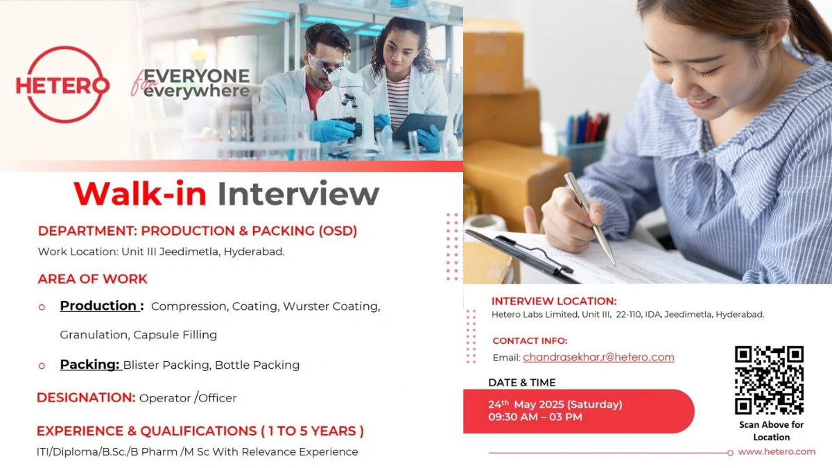 Hetero Labs Walk-In Interviews for Production & Packing Roles