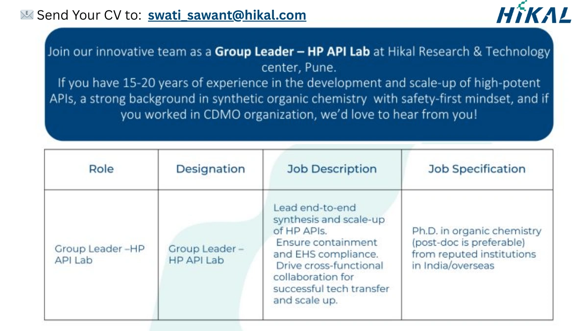 Hikal Careers Is Hiring for Group Leader - HP API Lab