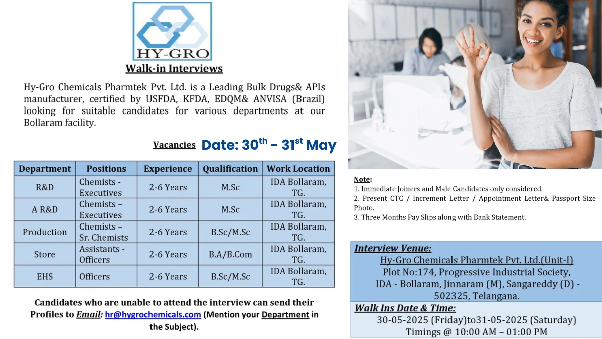 Hy-Gro Chemicals Pharmtek Walk-In Interviews for R&D, Production, Store, and EHS Roles