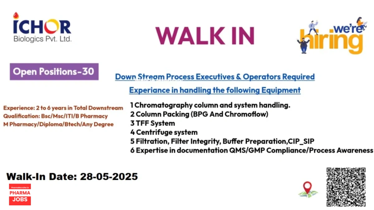 ICHOR Biologics Walk-in Drive 2025 - 30 Downstream Process Executive & Operator Jobs