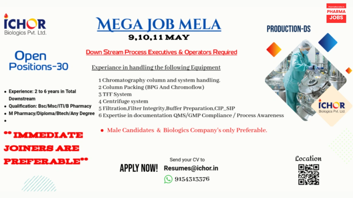 Ichor Biologics - Mega Job Mela for Downstream Process Jobs in Hyderabad