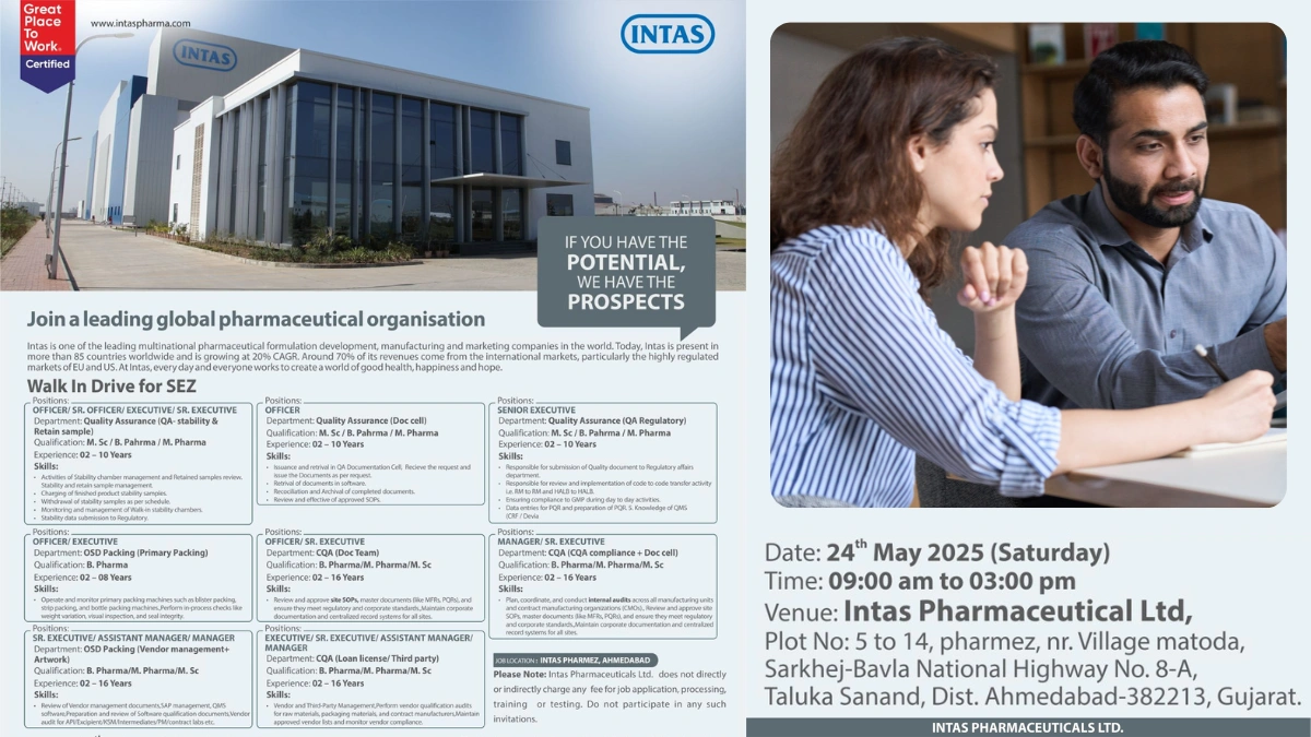 Intas Pharmaceuticals Limited – Walk-In Interview for QA, Packing - OSD