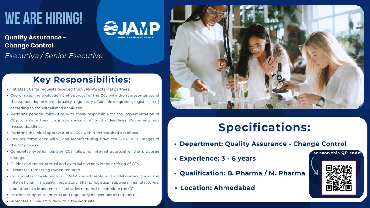 JAMP India Pharmaceuticals Job Posting for Quality Assurance Change Control Executive
