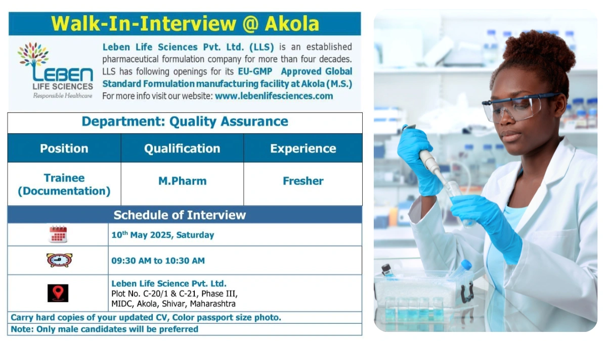 Leben Life Sciences Walk-In Interview for Quality Assurance Trainee (Documentation)