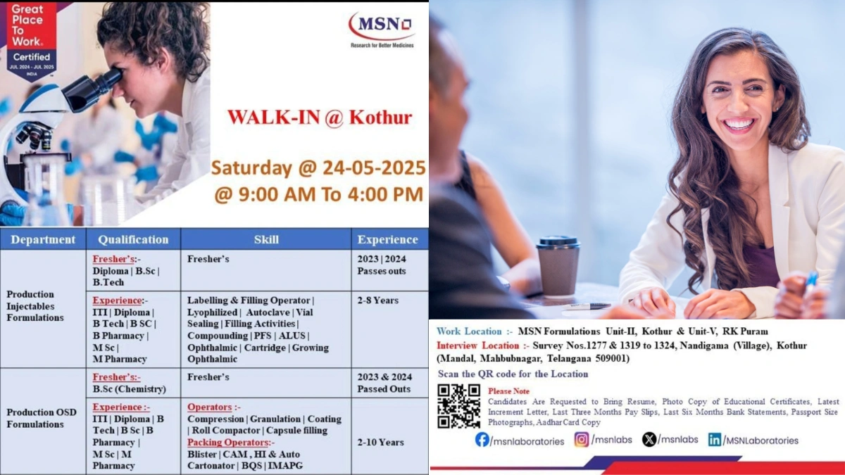MSN Laboratories Walk-In Drive for Production Roles