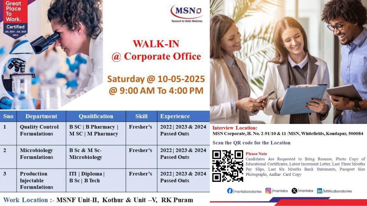 MSN Laboratories Walk-In Interview for M.Pharm, B.Pharm, M.Sc, B.Sc Freshers