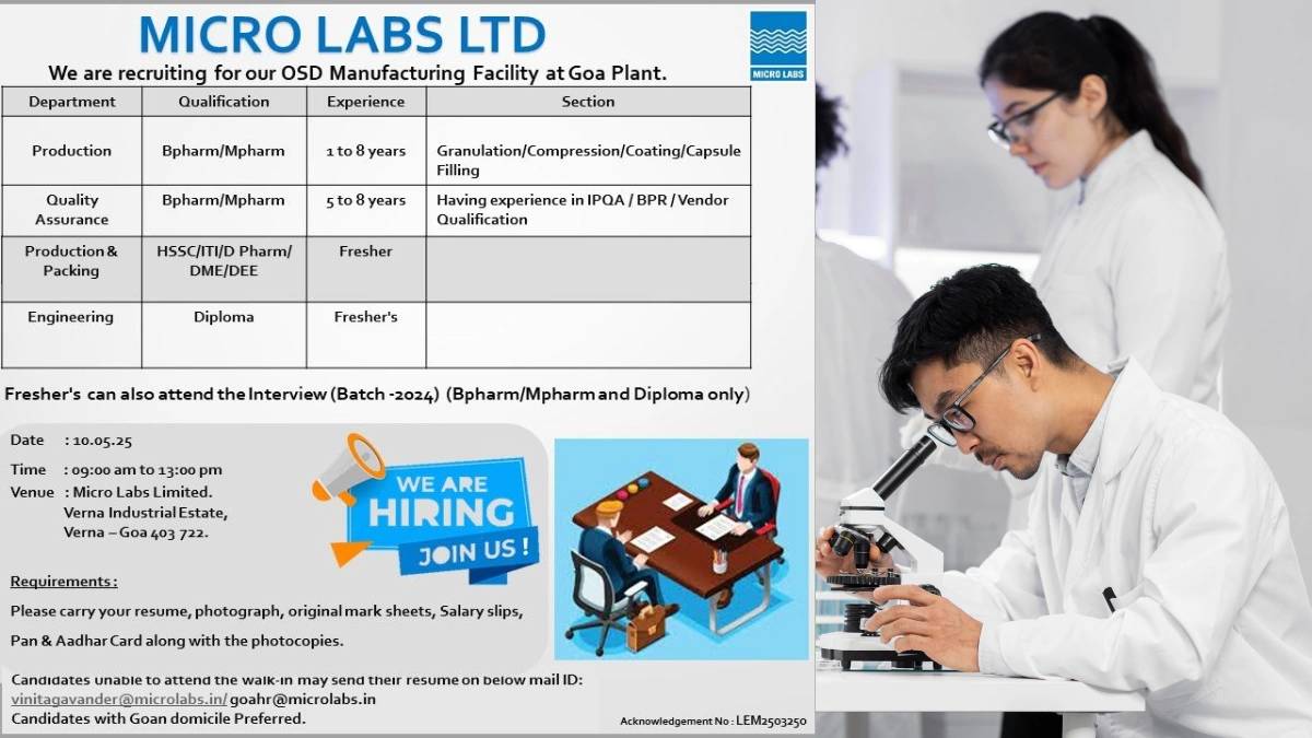 Micro Labs Ltd. Walk-In Interview for Production, QA, Packing & Engineering Roles