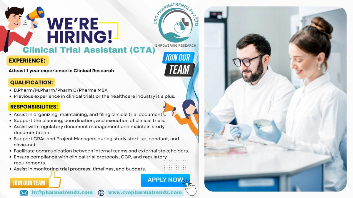 PharmaTrendz Pvt CRO Hiring for Clinical Trial Assistant (CTA)