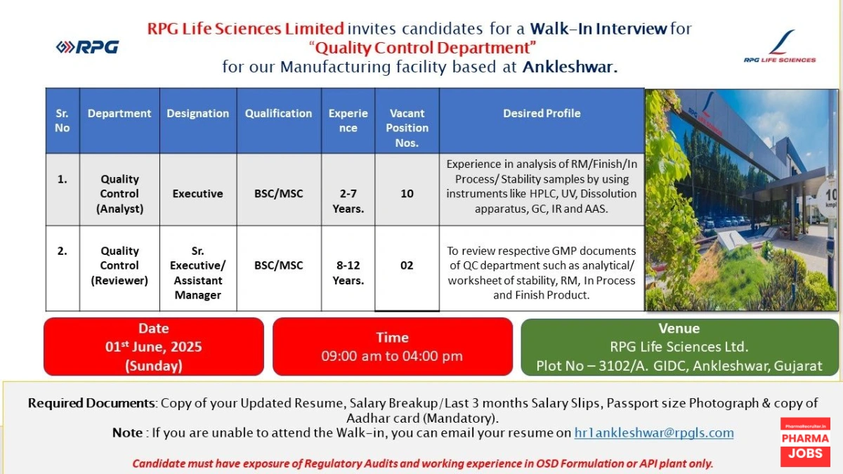 RPG Life Sciences Ltd Walk-In Interview for Quality Control Department