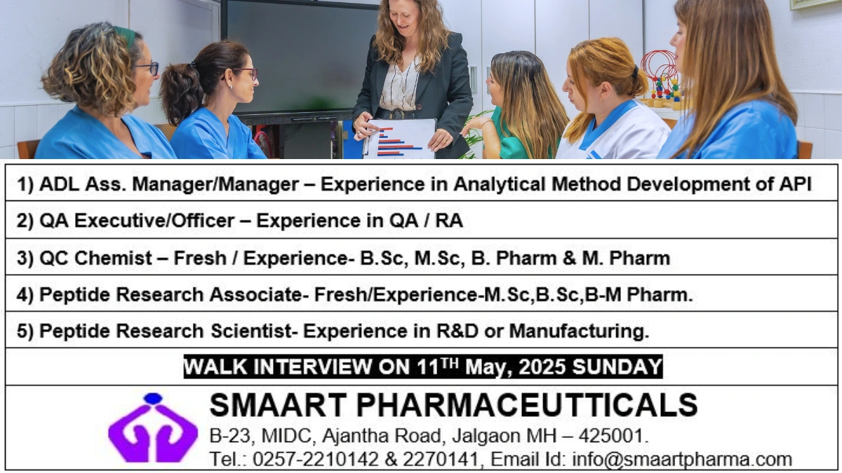 SMAART Pharmaceuticals Walk-In Interview for ADL, QA, QC, and Peptide Research Roles