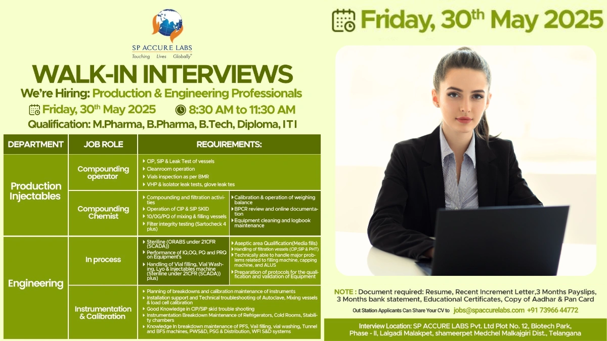 SP Accure Labs Walk-In Interviews for Production & Engineering Professionals