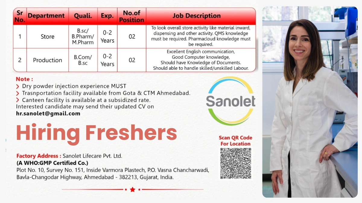 Sanolet Lifecare - Urgent Hiring for Freshers in Store and Production Department Job Roles