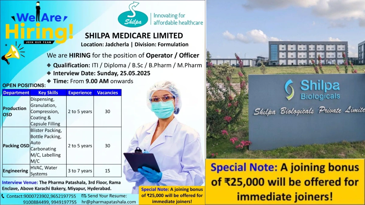 Shilpa Medicare Limited - Walk in Drive for Prodcution, Packing, Engineering - OSD