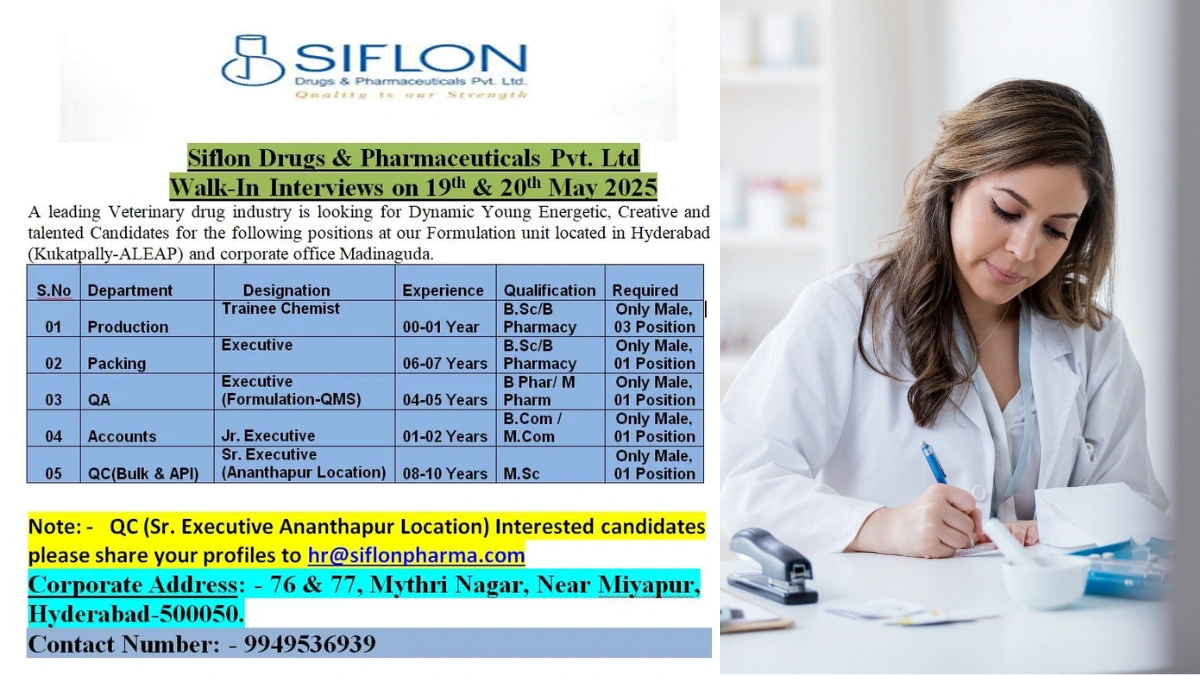 Siflon Drugs & Pharmaceuticals Walk-In Interviews for QA, QC, Production – Trainee Chemist on 20th May