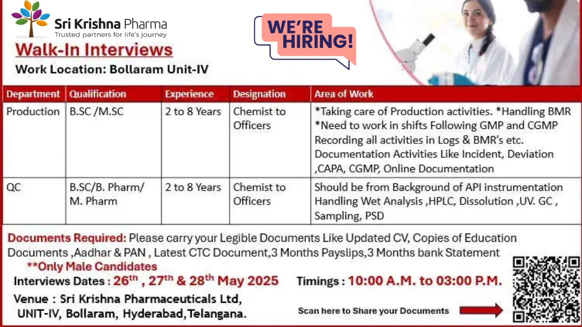 Sri Krishna Pharma Walk-in Interviews 2025 - Production & Quality Control Jobs