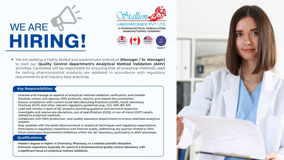 Stallion Laboratories Hiring Manager & Sr. Manager for Quality Control – Analytical Method Validation