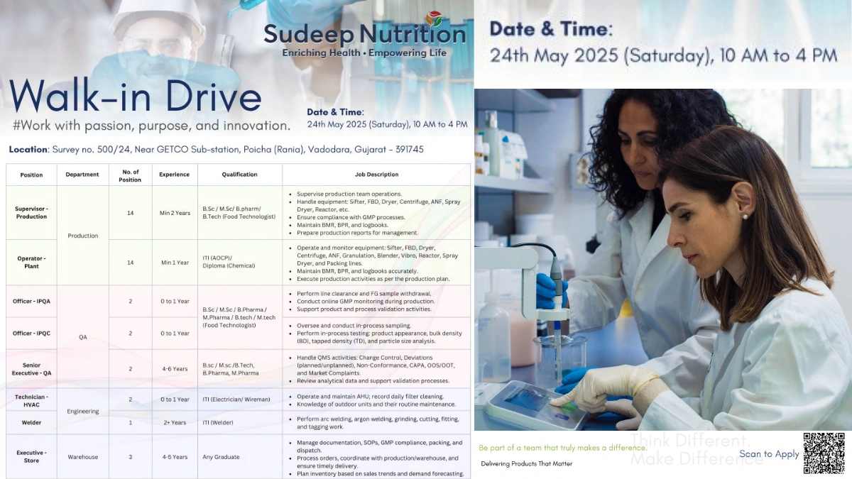 Sudeep Nutrition Walk-In Interview for Production, QA, Engineering, and Warehouse Roles