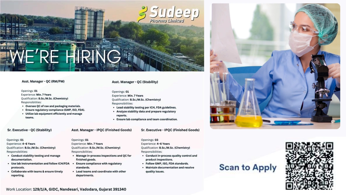 Sudeep Pharma Limited in Vadodara – Quality Control Vacancies