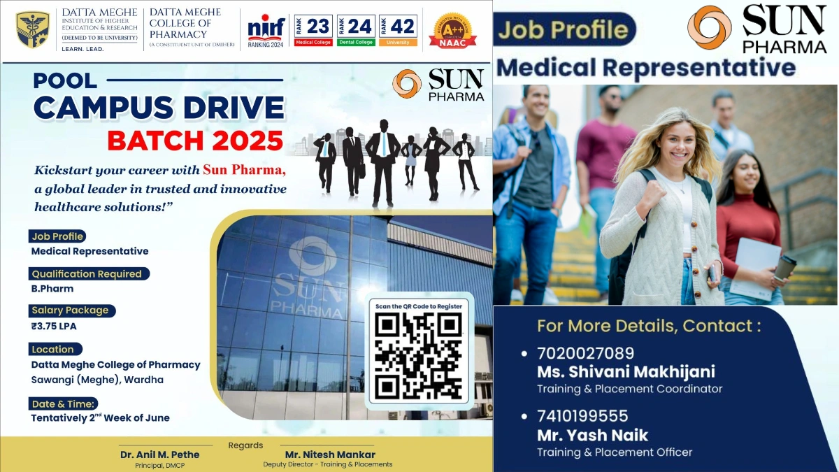 Sun Pharma - Pool Campus Drive 2025 for Medical Representative at Datta Meghe College of Pharmacy