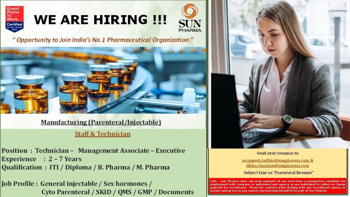 Sun Pharmaceutical Industries Ltd. Hiring Technician, Management Associate, and Executive